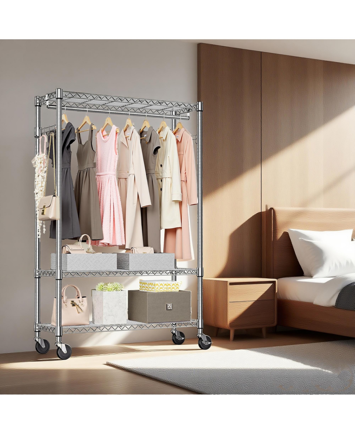Rainsken Heavy Duty Garment Rack on Wheels, 3 Tiers Adjustable Wire Shelving, Clothes Rack with 1 Rods and Side Hooks for Bedroom and Wardrobe, Chrome