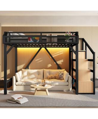 Twin Loft Bed with Storage Stairs, Shelves, Wardrobe, USB, LED