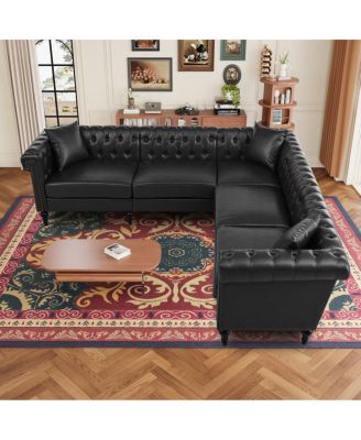 Reversible L-Shaped Chesterfield Sofa with Rolled Arms & Nailhead PU Leather