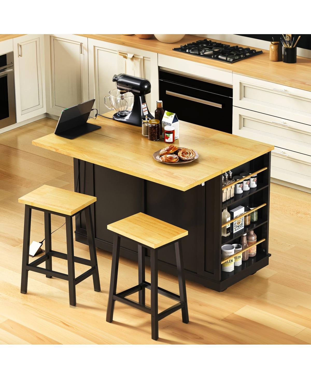 Streamdale Furniture 48" Large Kitchen Island with Drop Leaf, Power Outlet, Storage, Black