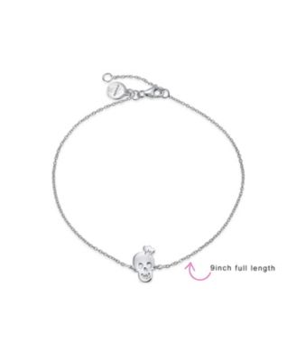 Whimsical Heart Eyes & Crown Smiling Skull Anklet Ankle Bracelet .925 Sterling Silver Adjustable