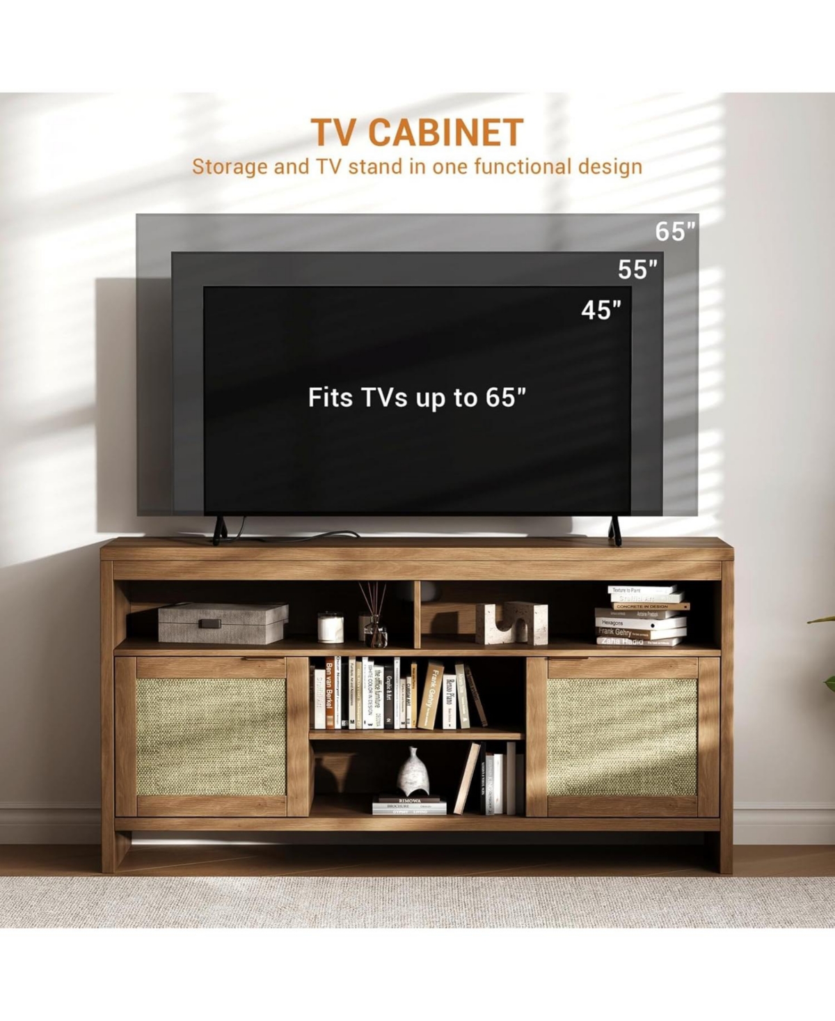 gaomon Boho Tv Stand for Tv up to 65 Inch, 58"Modern Rattan Entertainment Center with Storage and Adjustable Shelves