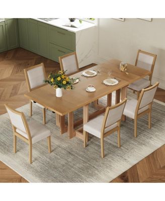 Rustic 82" Extendable Dining Table Set with 6 Upholstered Chairs & 2 Leaves
