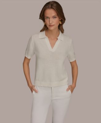 Women's Cotton Cashmere Polo Sweater with Elbow-Sleeve