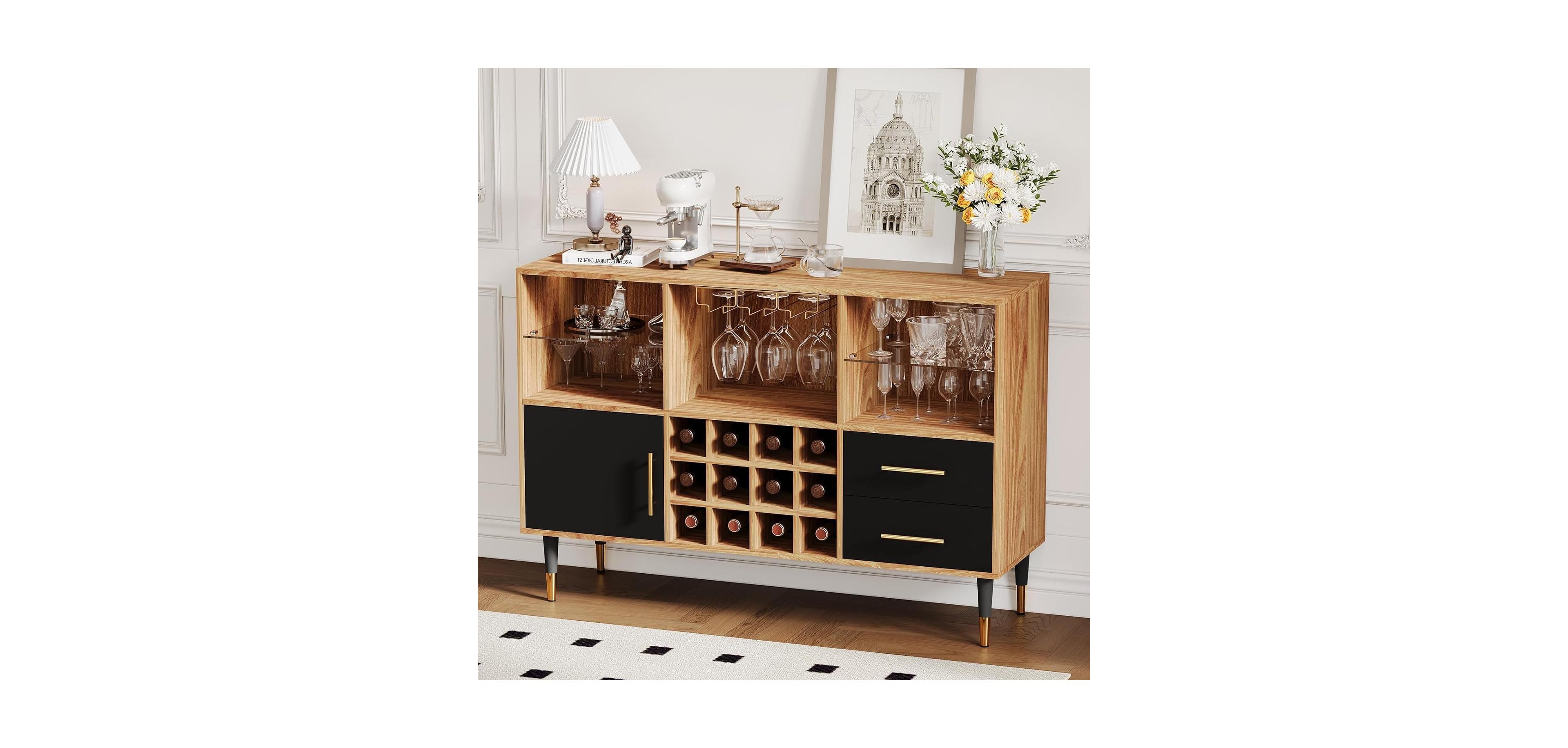 Gaomon 47" Wine Bar Cabinet with Led Lights & Charging Station, Modern Wood Coffee Bar Sideboard with Storage for Living Room & Dining