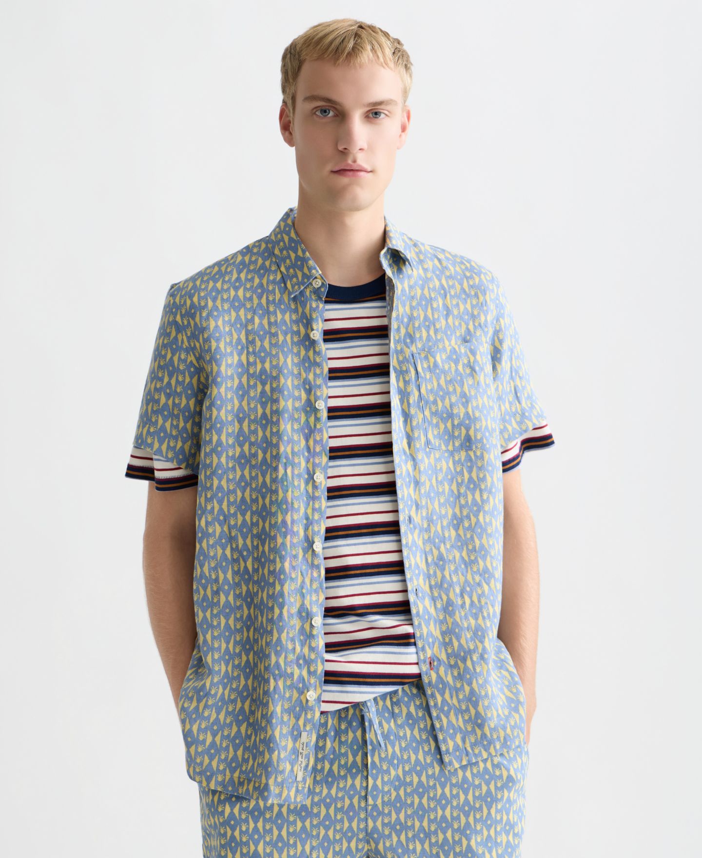 Мужская рубашка SCOTCH & SODA Printed Linen Regular-Fit Short-Sleeve, цвет: Полосатый — фото 1