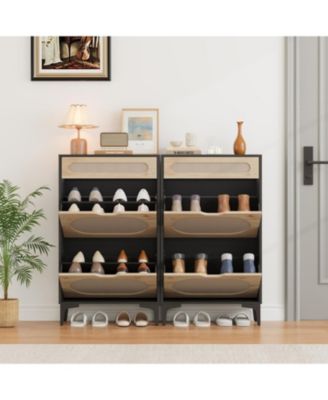 Rattan Shoe Cabinet with 2 Flip Drawers & 1 Pull Out Drawer – Wooden Shoe Storage Cabinet with Adjustable Shelf & Metal Legs