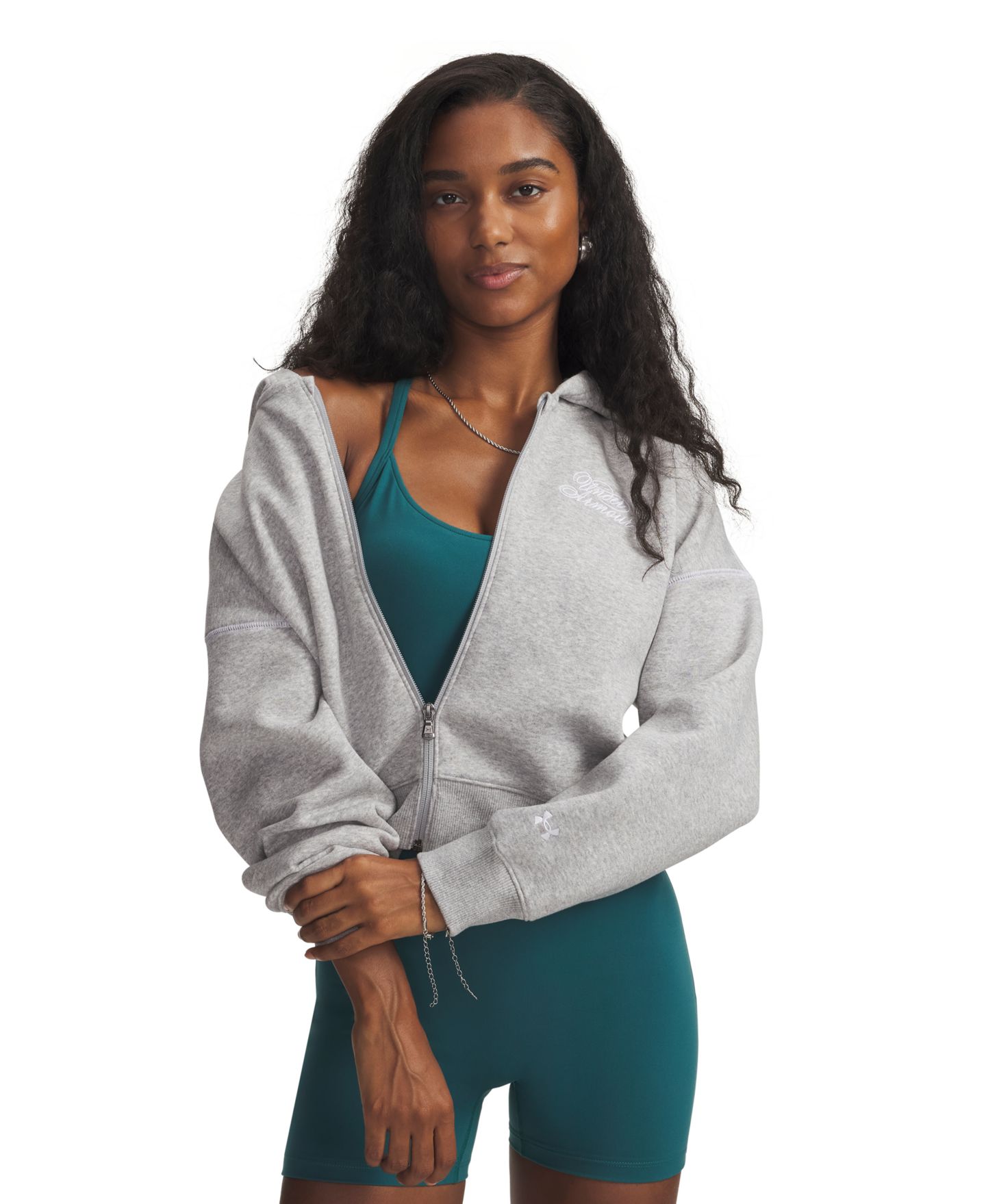 Женский свитшот Under Armour Rival Script Crop Full-Zip, цвет: Серый светлый меланжевый — фото 1