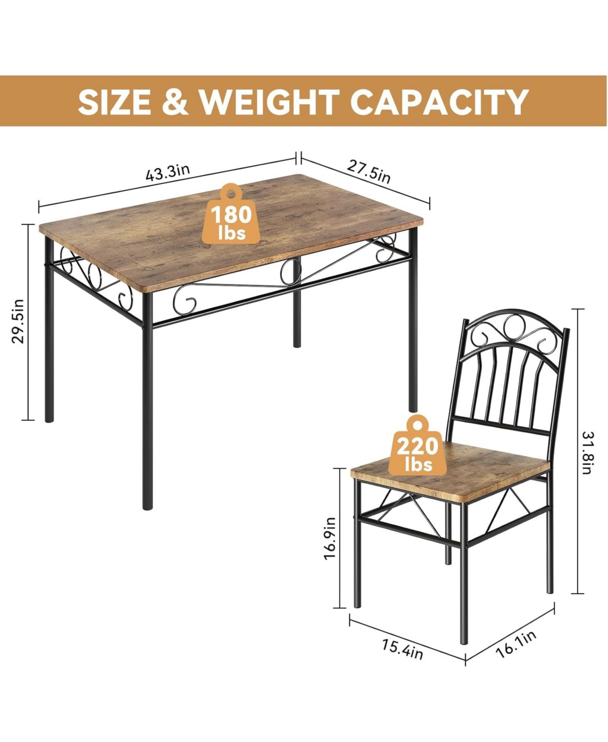 gaomon Dining Table Set of 4 Retro Industrial Dining Table and Chairs Wood Table Chairs Set for Small Space Breakfast Nook 1 Table + 4 Chairs