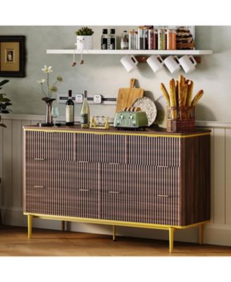 7 Drawers Dresser for Bedroom, 54in Wide Fluted Chest of Drawers Dresser Wood Storage Cabinet Curved Design TV Stand with Metal Handles