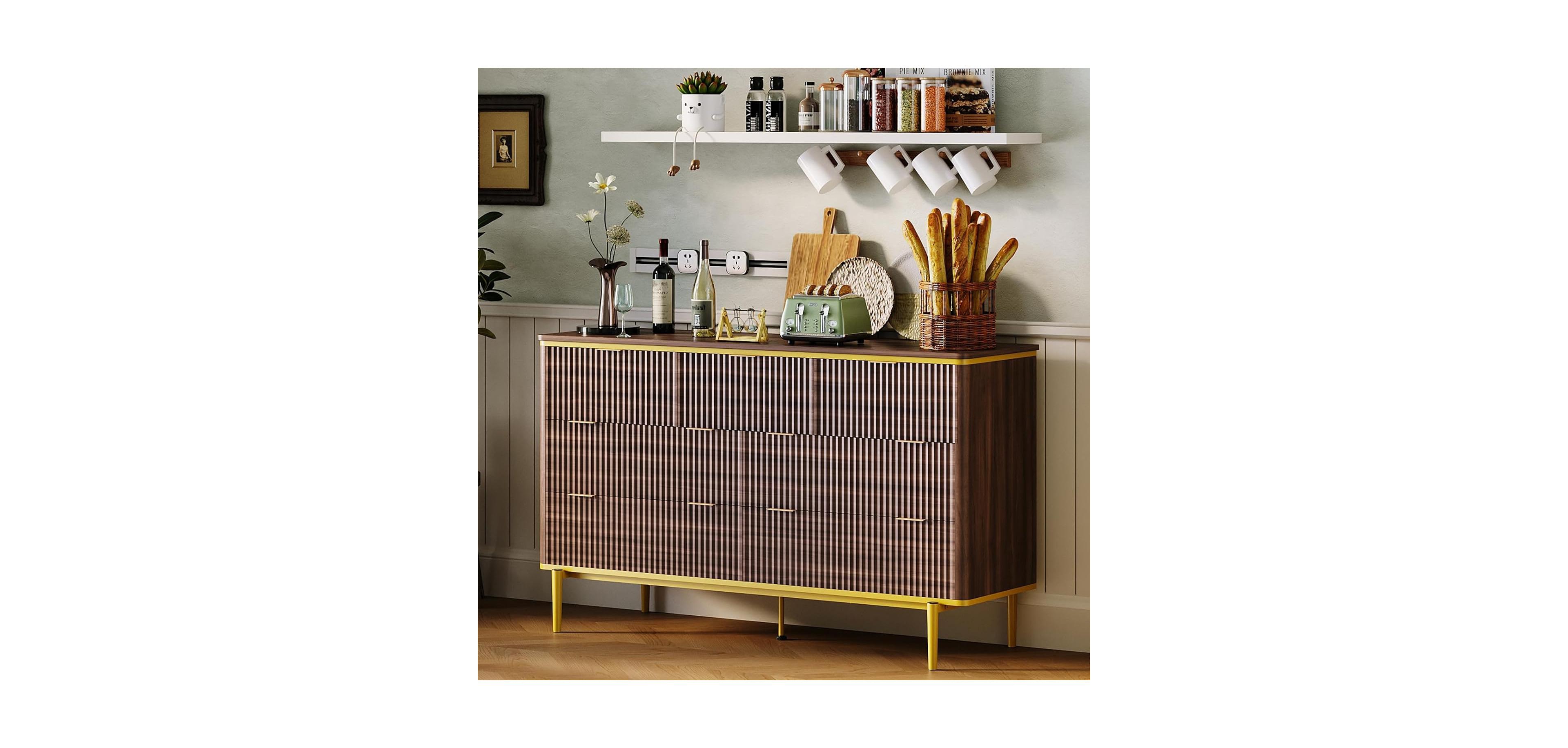 gaomon 7 Drawers Dresser for Bedroom, 54in Wide Fluted Chest of Drawers Dresser Wood Storage Cabinet Curved Design Tv Stand with Metal Handles