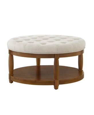 Large Tufted Linen Ottoman Coffee Table with Wood Shelf Storage