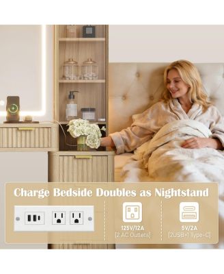 43.5" Fluted Makeup Vanity Desk with Mirror, Lights, 10 Drawers, 2 Cabinets, Stool