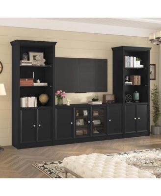 128.2" W Entertainment Center with Bookshelves & Glass Cabinets