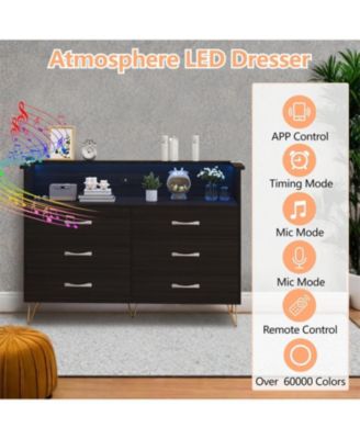 6-Drawer Dresser with USB Charging Station & LED Lights, Modern Wide Chest of Drawers, Large Bedroom Storage Tower Organizer in Black