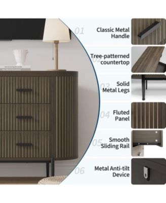 Fluted 6 Drawer Dresser for Bedroom, 59in Large Mid Century Modern Wooden Chest Dresser TV Stand with Curved Profile Design and Gold Handles