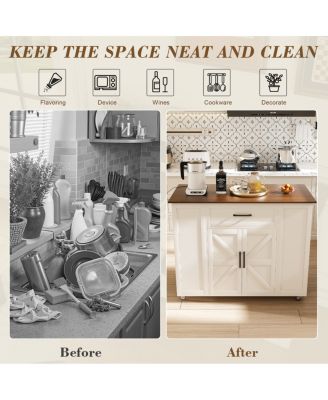 Rolling Kitchen Island with Storage & Power Outlet - Rustic Breakfast Bar Table