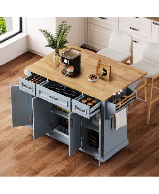  54" Large Kitchen Island with Drop Leaf, Rolling Cart with 4 Doors, 3 Drawers,