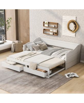 Wooden Daybed with Trundle, Storage Drawers, Extendable Sofa Bed