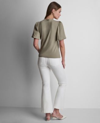 Women's Puffed Crew Neck Mix Media Knit Top