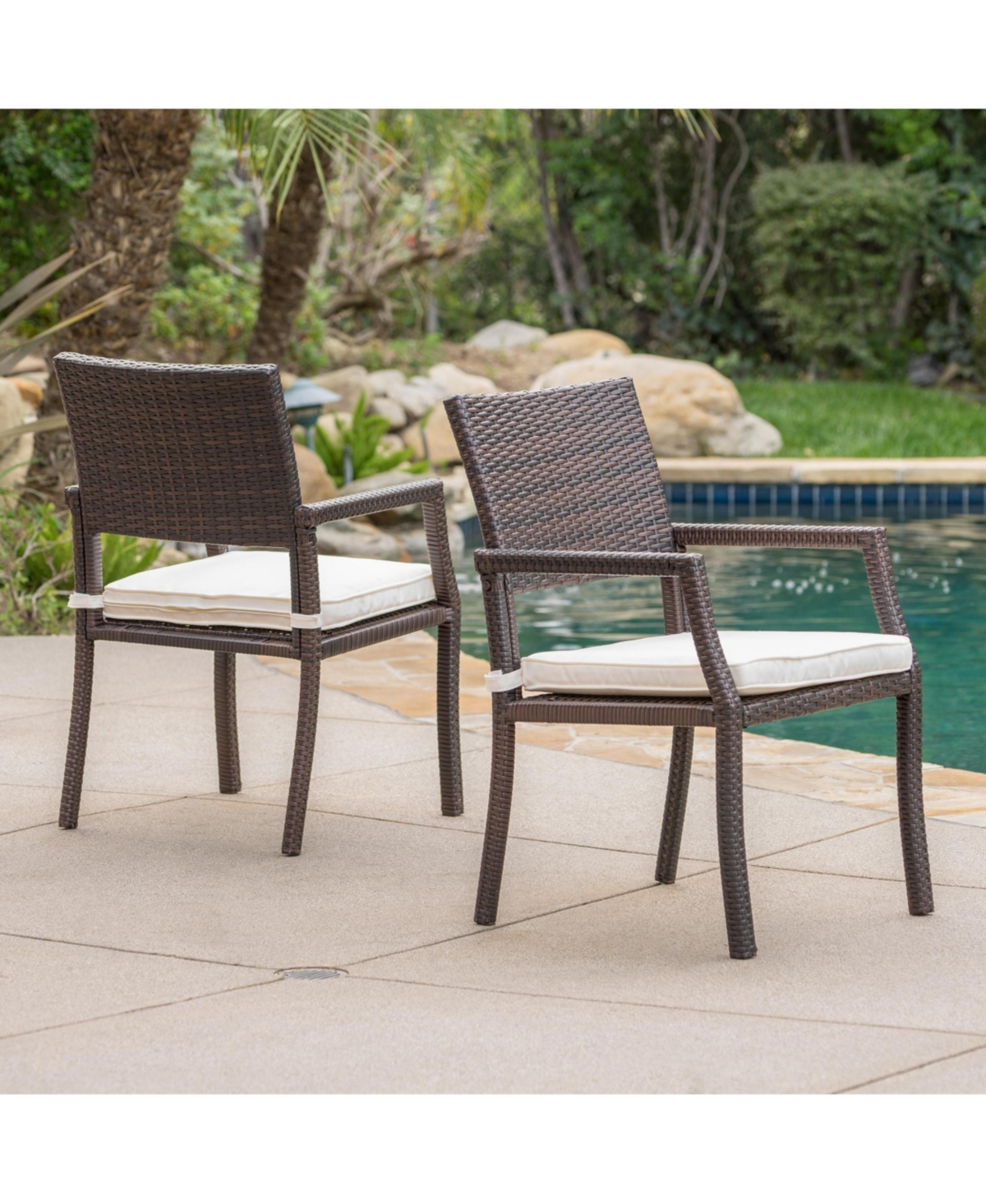 Flynama Set of 2 Outdoor Wicker Dining Chairs Water Resistant Cushioned Seats Lightweight Durable for Patio Hosting