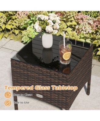 Set of 3 Outdoor Patio PE Wicker Furniture Set w/Cushions & Tempered Glass Coffee Table