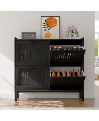 Shoe Cabinet with 4 Flip Drawers, Wooden Organizer with Hollow Panels & Black Handles
