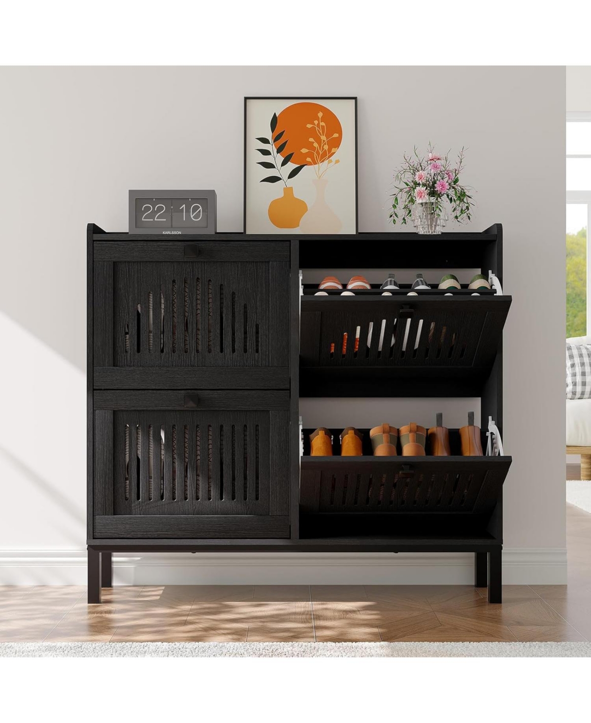 gaomon Shoe Cabinet with 4 Flip Drawers, Wooden Organizer with Hollow Panels & Black Handles
