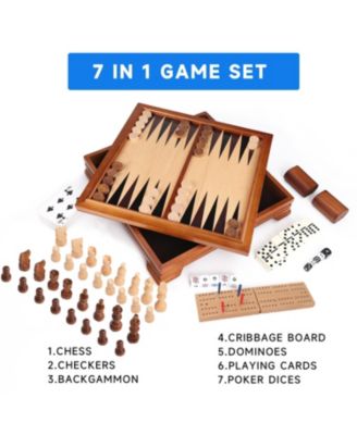 Deluxe 7 in 1 Board Game Set - Chess/Checker/Backgammon/Dominoes/Cribbage Board/Playing Card/Poker Dice