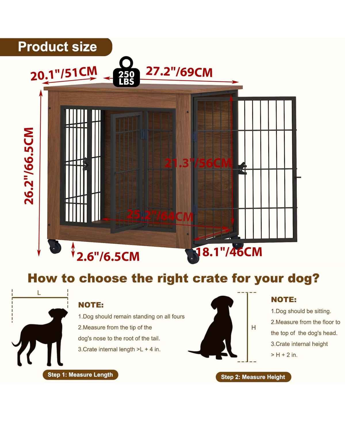 Aostirmotor 27.2" Dog Crate Furniture End Table with Wheels, 2-Door Heavy Duty Kennel for Small Dogs