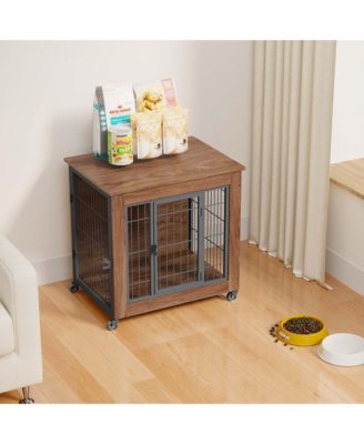 27.2" Dog Crate Furniture End Table with Wheels, 2-Door Heavy Duty Kennel for Small Dogs