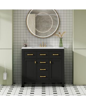 36" Modern Solid Wood Bathroom Vanity with Ceramic Sink, 4 Drawers & 2 Soft Close Doors Freestanding Cabinet