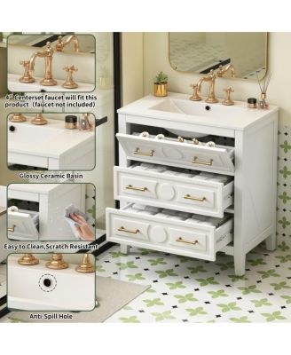 30" Bathroom Vanity with Ceramic Sink, Retro Solid Wood Cabinet & 3 Drawer Storage for Small Spaces
