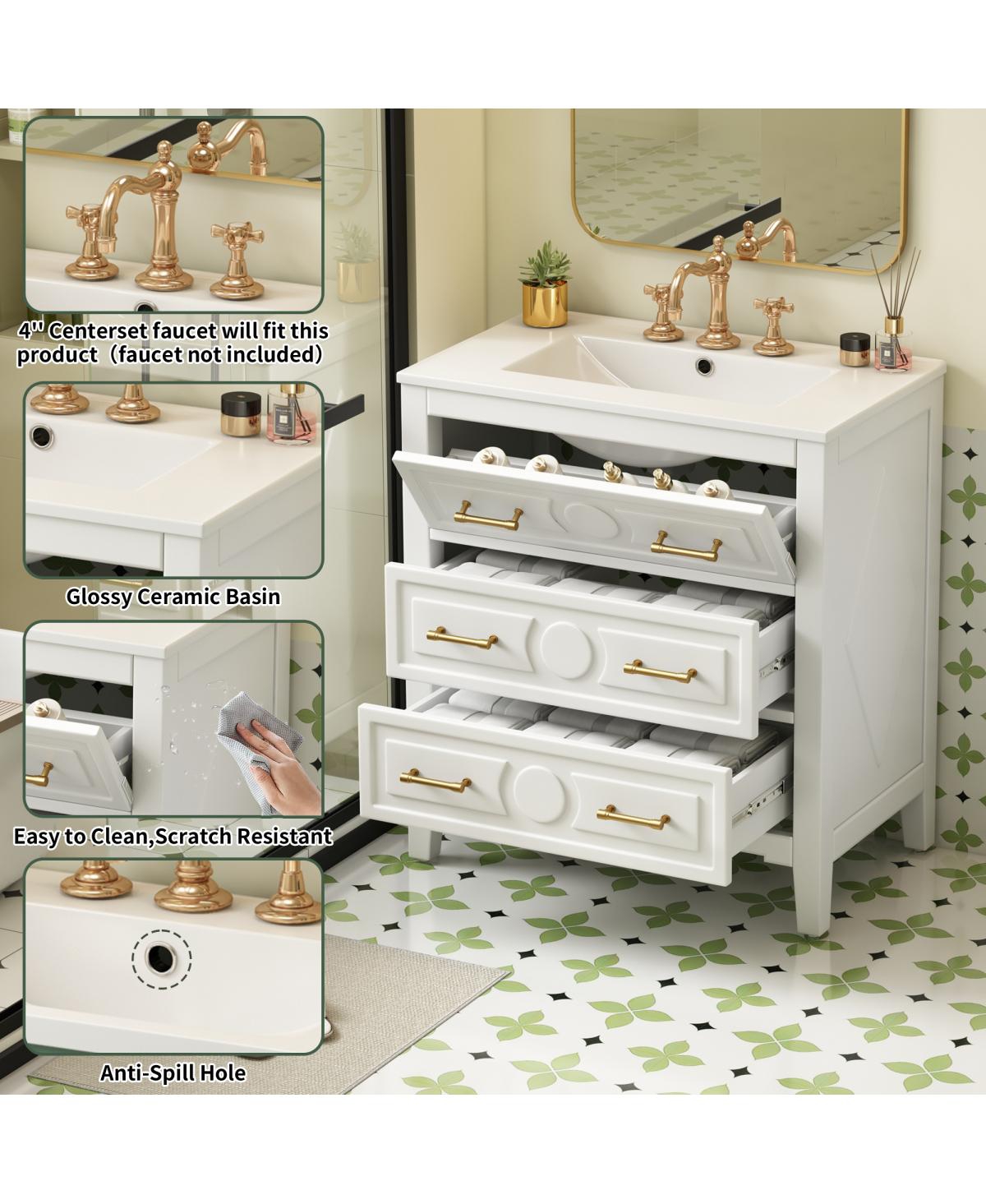Sillysis 30" Bathroom Vanity with Ceramic Sink, Retro Solid Wood Cabinet & 3 Drawer Storage for Small Spaces