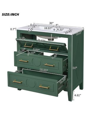 30" Bathroom Vanity with Ceramic Sink, Retro Solid Wood Cabinet & 3 Drawer Storage for Small Spaces