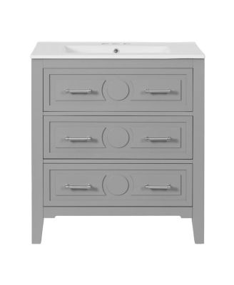 30" Bathroom Vanity with Ceramic Sink, Retro Solid Wood Cabinet & 3 Drawer Storage for Small Spaces