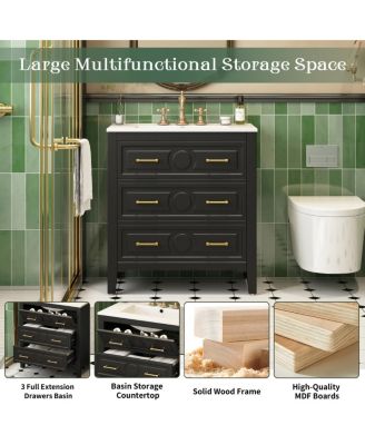30" Bathroom Vanity with Ceramic Sink, Retro Solid Wood Cabinet & 3 Drawer Storage for Small Spaces