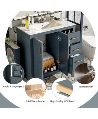 36" Bathroom Vanity with Ceramic Sink, Modern Solid Wood Cabinet & Ample Storage Drawers for Small Spaces