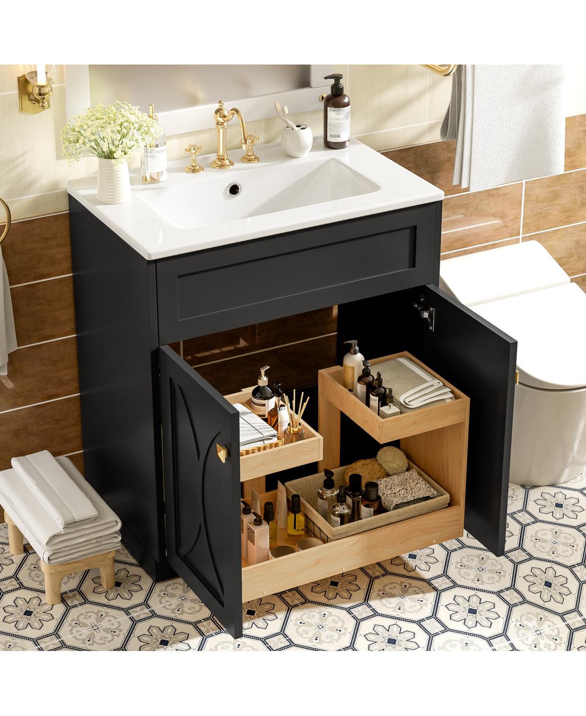 Sillysis 30" Modern Bathroom Vanity with Ceramic Sink, Retractable Rack & Large Storage Cabinet for Small Spaces