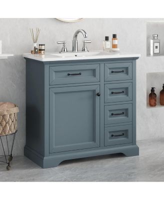 36" Bathroom Vanity with Ceramic Sink, Classic Modern Rubber Wood Cabinet & Ample Drawer Storage for Small Spaces