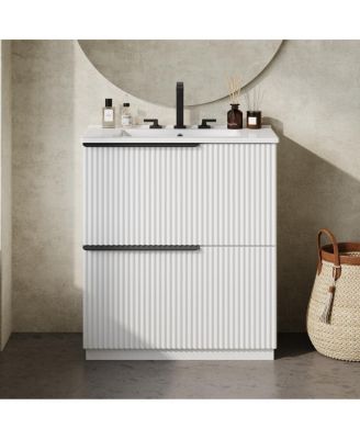 30" Modern Fluted Bathroom Vanity Cabinet with Ceramic Sink, Soft Close Drawers & Storage for Small Bathrooms