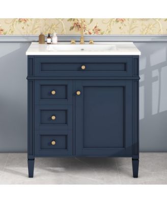 Bathroom Vanity with Ceramic Sink, Solid Wood Cabinet, Ample Storage Drawers Adjustable Shelf for Small