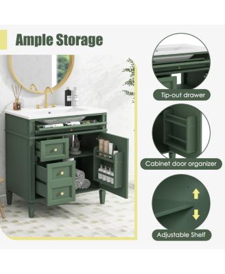 Bathroom Vanity with Ceramic Sink, Solid Wood Cabinet, Ample Storage Drawers Adjustable Shelf for Small