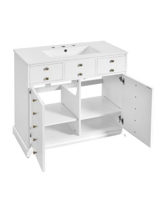 36"  Bathroom Vanity with Ceramic Sink, Solid Wood Cabinet, 2 Drawers 2 Doors Soft Close Storage for Small Bathrooms