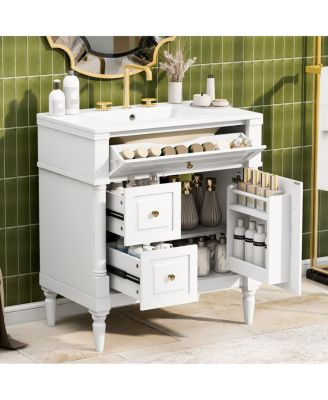 30" Bathroom Vanity with Ceramic Sink, Modern  Solid Wood Freestanding Bathroom Cabinet for Small Spaces