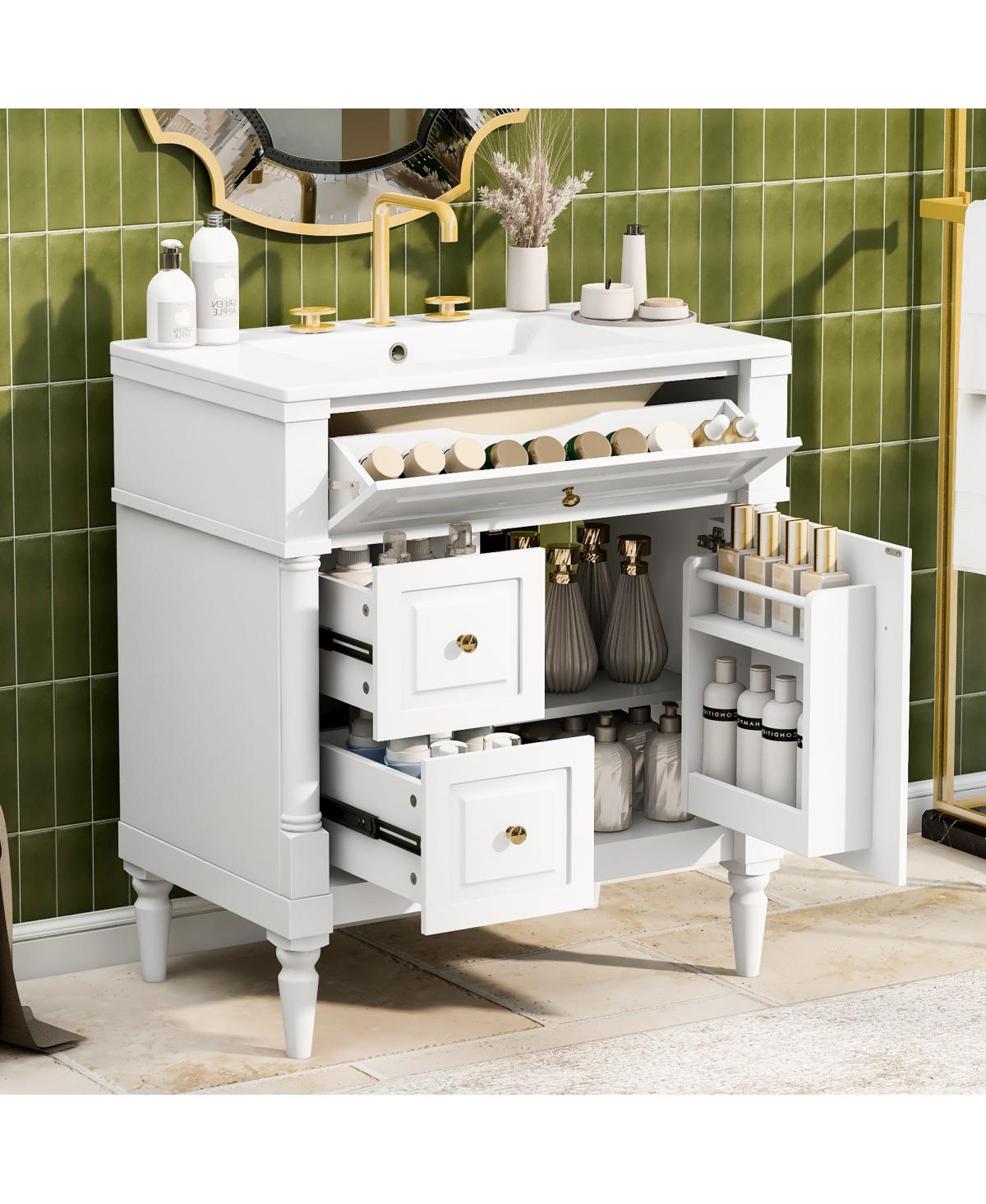 Sillysis 30" Bathroom Vanity with Ceramic Sink, Modern Solid Wood Freestanding Cabinet for Small Spaces