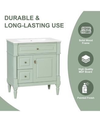 30" Bathroom Vanity with Ceramic Sink, Modern  Solid Wood Freestanding Bathroom Cabinet for Small Spaces