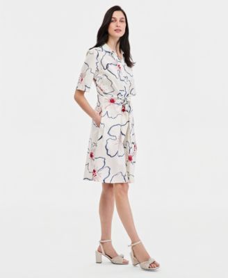 Women's Linen Belted Midi Dress