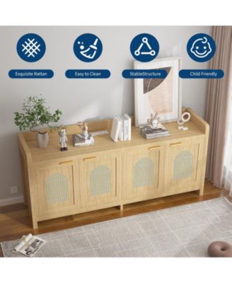 Natural Rattan TV Stand for 65 Inch TV, Modern Entertainment Center with Glass Doors & Cabinet, 61.5 Inch Console Table