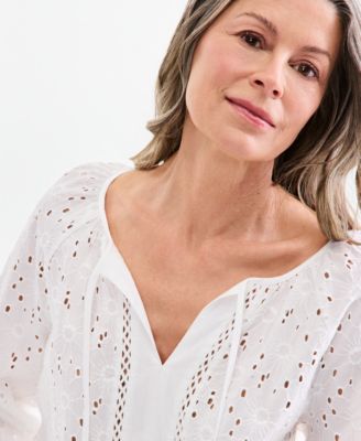 Women's Cotton Eyelet Split Neck Long-Sleeve Top